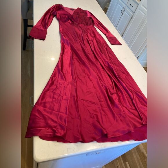 Banana Republic 100% Silk Long Sleeve High Slit Pink Maxi Dress Size 12 - Picture 5 of 13